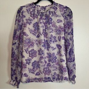 Loft Blouse Purple Floral Smocked Neck And Wrist Long Sleeve Size Small